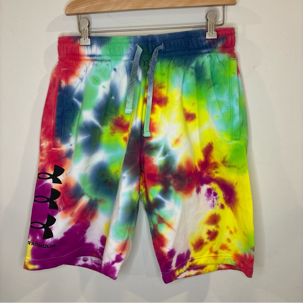 Under Armour Men's Shorts L Rival FLC Multilogo Tie Dye Rainbow Colorful Loose
